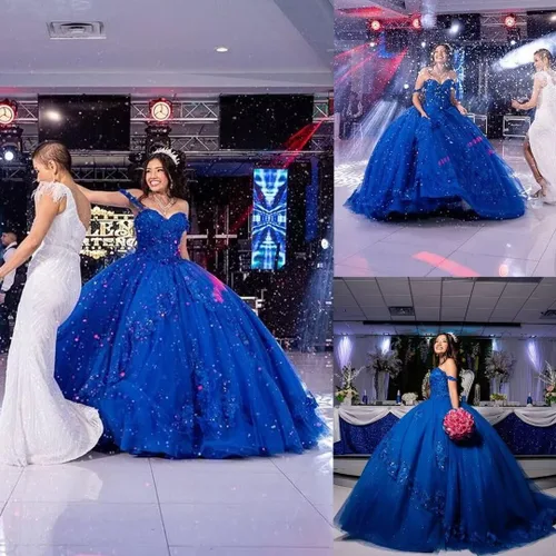 Vista 3 de Uiykhr De las mujeres fuera del hombro vestidos de quinceañera vestido de bola hinchado tul con cuentas vestido de fiesta dulce 15 vestidos