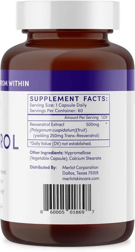 Vista 2 de Merlot Cápsulas de Resveratrol de 500 mg – 60 unidades – Beauty Within Suplemento antienvejecimiento sin OMG sin gluten – Hecho en Estados Unidos