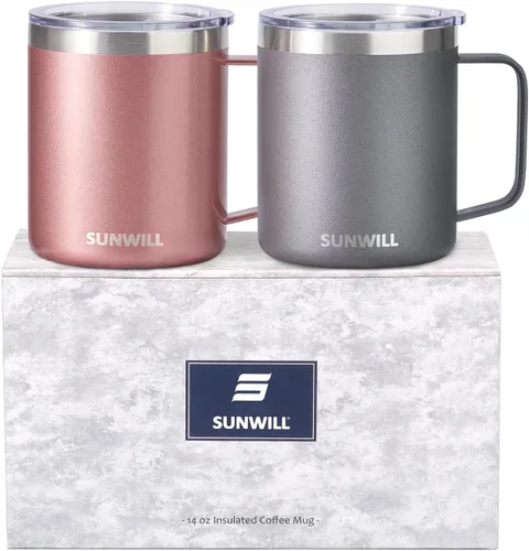 Vista 20 de SUNWILL - Taza de café de viaje con tapa, taza aislada con asa, taza de acero inoxidable de 14 oz para hielo, agua, té, color oro rosa