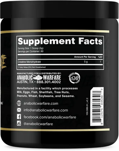 Vista 3 de Anabolic Warfare Monohidrato de creatina, recuperación después del entrenamiento, aumenta el rendimiento, mantiene la carga, creatina premium*