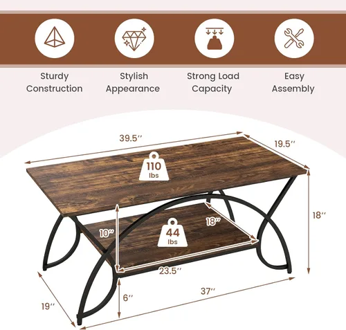 Vista 3 de Giantex Mesa auxiliar rectangular de 2 niveles, mesa de grano de madera con estante de almacenamiento abierto, marco de metal acabado negro, mesa