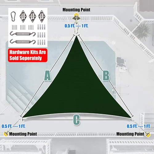 Vista 6 de Amgo - Parasol triangular verde personalizado de 4' x 4' x 4' UPF50+ AGTAPT16, toldo a medida, 95% de bloqueo UV, permeable al agua y al aire
