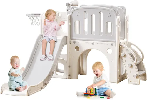 Vista 8 de YUYUE Tobogán 8 en 1 para niños pequeños de 1 a 3 años, tobogán extra largo con aro de baloncesto para interiores y exteriores, juego de escalador