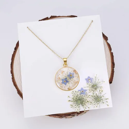 Vista 28 de Forget-Me-Not and Queen Anne's Lace Pressed Wildflower Necklace Birth Month Real Flower Necklace Gold/Silver Pressed Flower Jewelry