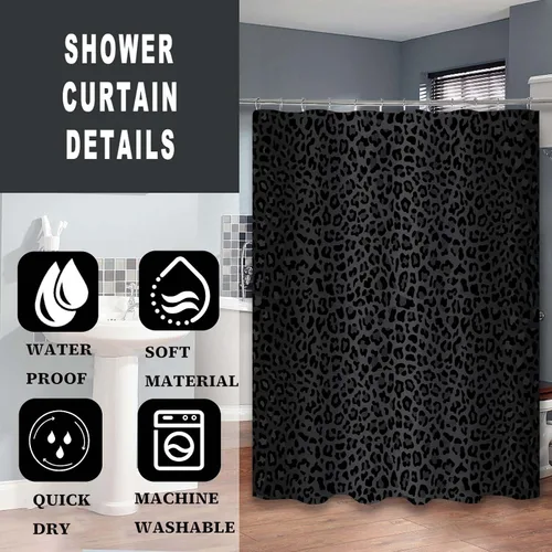 Vista 3 de Cortina de ducha (60" x 72"), estampado de leopardo guepardo negro, tela de poliéster, impermeable, estilo moderno, baño Negro-d1