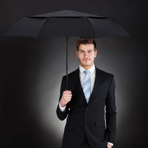 Vista 7 de RAINGLORY Paraguas de lluvia plegable negro totalmente automático, tamaño compacto de 11.5 pulgadas de longitud, con estructura de marco de fibra