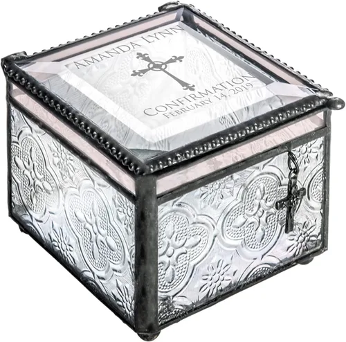 Vista 3 de Regalo de confirmación recuerdo personalizado grabado personalizado vintage vitral joyería baratija rosario caja J Devlin 631 EB221