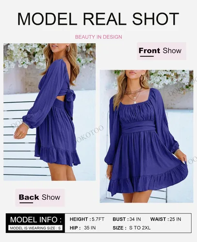 Vista 2 de Dokotoo Vestido largo para mujer, manga farol, cuello cuadrado, lazo sin espalda, vestido sexy con volantes, cintura elástica, acampanado, mini