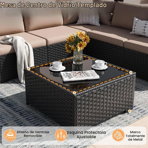 Vista 7 de Juego de muebles de patio, sofá seccional de mimbre para exteriores Beige/Negro
