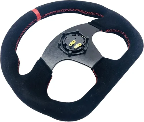 Vista 6 de Volante de carreras de 13"/325mm en forma de D, de piel de ante, con franja roja, estilo carrera, fondo plano, con costuras rojas y botón de bocina