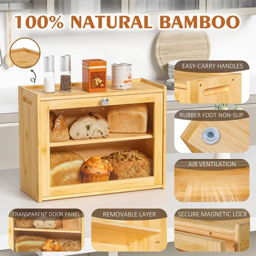 Vista 4 de Caja de pan para encimera de cocina, contenedor de pan grande de doble capa con puerta transparente, almacenamiento de pan y uso múltiple, etc