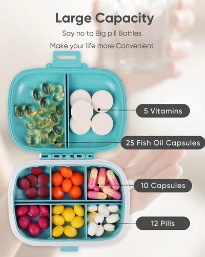 Vista 6 de Holii Pastillero de viaje, 8 compartimentos, pastillero portátil, pastillero diario para guardar vitaminas, pequeño contenedor de píldoras para Azul