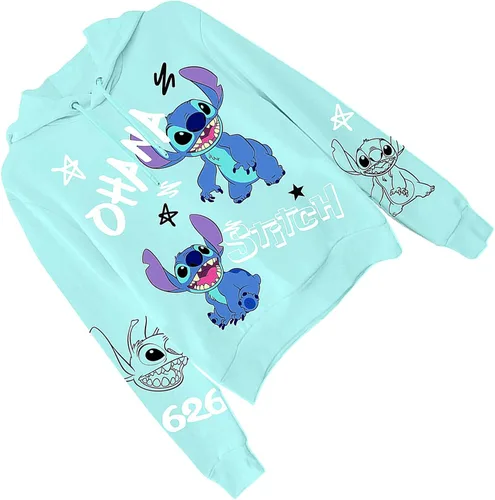 Vista 5 de Disney Sudadera con capucha Lilo and Stitch para mujer, diseño clásico de Lilo y Stitch Ohana, con estampado múltiple