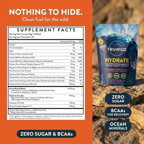 Vista 8 de TruWild Polvo de hidratación natural con cero azúcar, electrolitos veganos + aminoácidos, bebida de recuperación para uso diario, suplemento