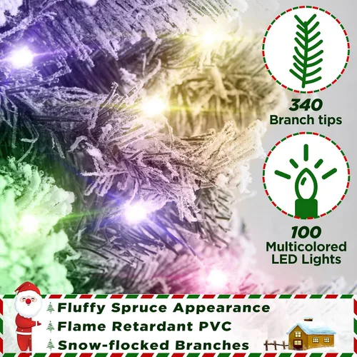 Vista 7 de Yaheetech Árbol de Navidad artificial de abeto preiluminado de 4.5 pies, flocado con nieve, con bisagras, con 100 luces LED multicolor y 340 puntas