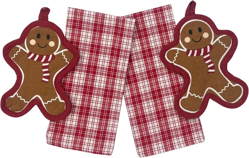 Vista 7 de Paños de Cocina y Agarraderas Navideños - Juego Alegre de Navidad de 4 Piezas 100% Algodón Verde Rojo Blanco - Dos (2) Paños de Cocina, Un (1)