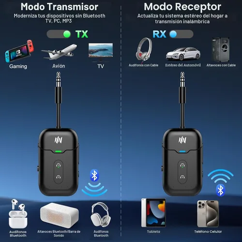 Vista 2 de Adaptador transmisor Bluetooth 5.4 de alta calidad, compatible con 2 AirPods/auriculares 2 en 1 transmisor Bluetooth receptor con aptX baja