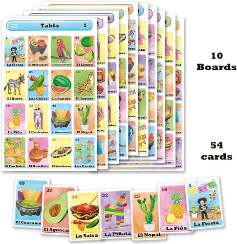 Vista 3 de Lotería Fiesta - Juego de bingo mexicano en español para 10 jugadores - 10 tableros de juego y baraja completa de cartas de llamada