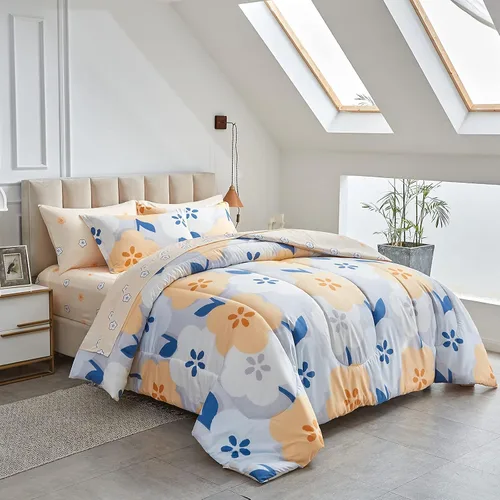 Vista 2 de UOZZI BEDDING Juego de edredón reversible de 6 piezas para niños de microfibra suave con flores grises y naranjas