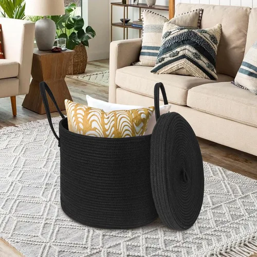 Vista 6 de Cesta grande de 15 x 13 pulgadas con tapa, cesta de almacenamiento de cuerda de algodón para manta, juguete, almohada, toalla, lavandería, sala
