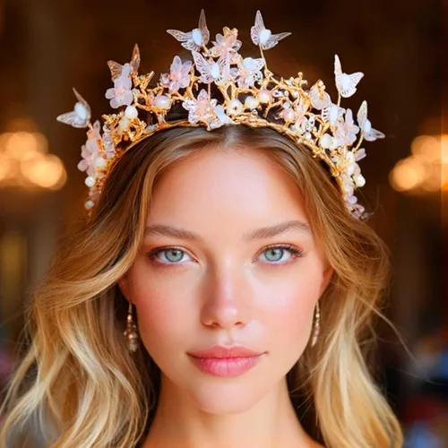 Vista 3 de Brishow Tocado de quinceañera con coronas de reina y mariposas doradas para mujer