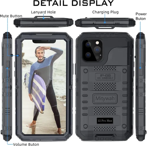 Vista 6 de Mitywah Funda impermeable para iPhone 12 Pro Max, funda de metal resistente de grado militar, protección de cuerpo completo, resistente, a prueba