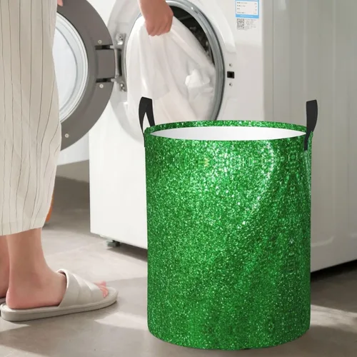 Vista 7 de Cesta de lavandería grande,Cesta de lavandería plegable con asas,Para ropa en el dormitorio familiar,Brillo de lentejuelas verdes