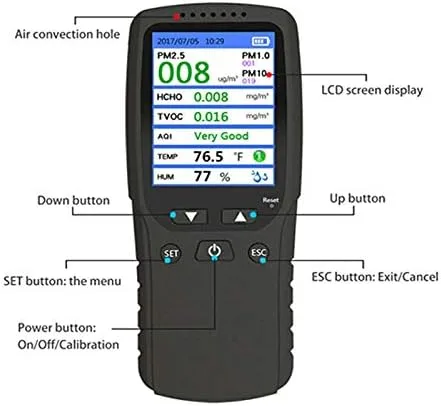 Vista 4 de ATO Monitor de calidad de aire portátil, detector múltiple PM2.5/PM1.0/PM10, AQI, tormaldehído (HCHO), TVOC, temperatura y humedad, probador de alta