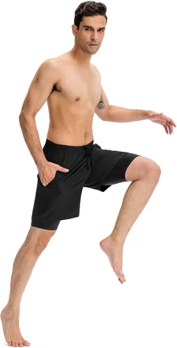 Vista 7 de Lixada Mens Running Shorts Quick Dry Breathable Workout Shorts with Inside Phone PocketZipper Side PocketsWaist Pockets