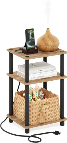 Vista 13 de Furinno Claude Mesa Auxiliar, Mesa Lateral de Mediados de Siglo con Estación de Carga, Mesita de Noche con Patas de Madera, Mesa de Cabecera