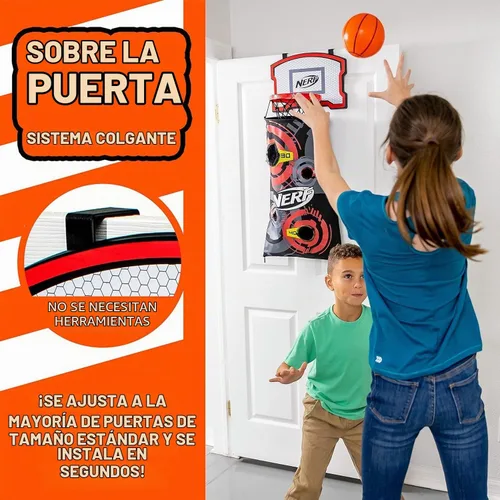 Vista 4 de NERF Cesta de aro de baloncesto – Cesta para ropa sucia sobre la puerta + objetivo de disparo – Mini canasta de aro + juego de baloncesto