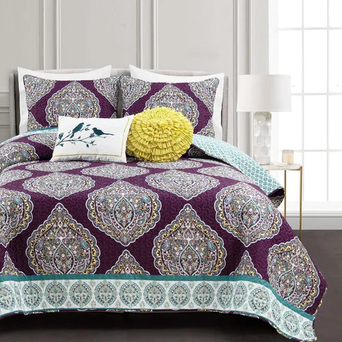 Vista 2 de Lush Decor Harley - Juego de edredón de 5 piezas, matrimonial/queen, morado y turquesa