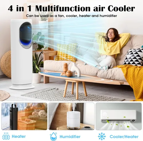 Vista 6 de Combo de ventilador de torre y calentador 4 en 1 con humidificación, calentador de espacio de 1800 W para uso en interiores, oscilación de 120°, 2