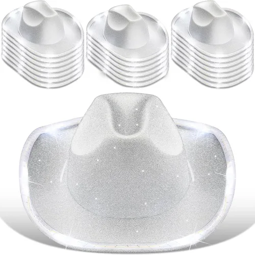 Vista 11 de Tisancy Paquete de 20 sombreros de vaquera con luces LED intermitentes para despedida de soltera occidental, boda, novia Negro