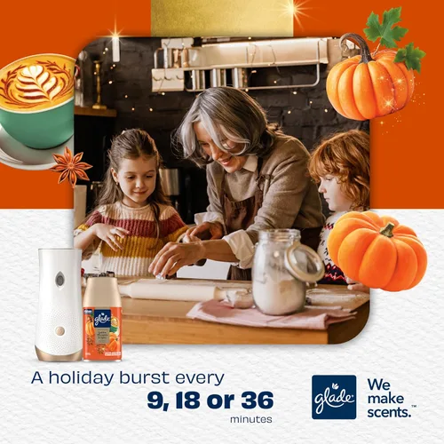 Vista 2 de Glade Recambios automáticos en aerosol, ambientador, calabaza dorada y especias, 2 x 6.2 onzas