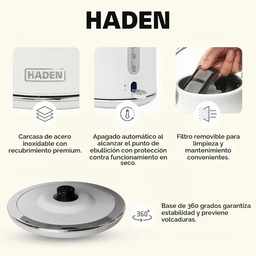Vista 3 de Máquina de café HADEN, cafetera de goteo de 12 tazas que incluye hervidor eléctrico de acero inoxidable Heritage de 1.7 litros, color marfil y cromo