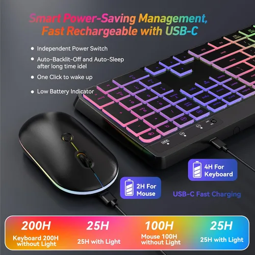 Vista 4 de Combo de teclado y mouse inalámbricos con retroiluminación, teclado ergonómico de tamaño completo 2.4G con letras iluminadas, mouse RGB recargable