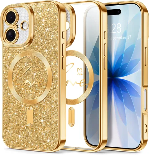Vista 28 de Hython Funda para iPhone Air con purpurina, compatible con MagSafe Love Heart fundas magnéticas transparentes para teléfono para mujeres y niñas
