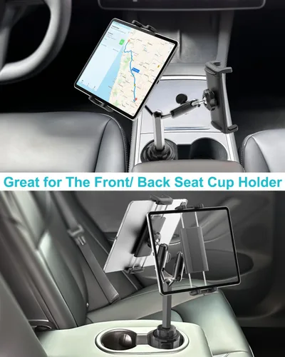 Vista 8 de Soporte para tablet de automóvil, soporte doble resistente para tableta para camión, [brazo de aluminio doble] Portavasos ajustable compatible