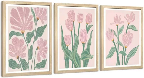 Vista 10 de JLTULT 3 piezas de arte de pared con flores en lienzo con marco, arte de pared de flores en tonos neutros y beige, arte de pared de flores