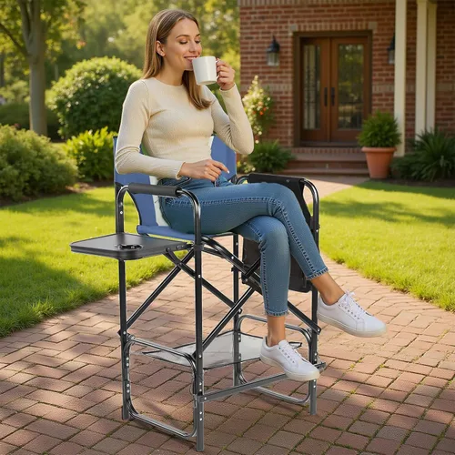 Vista 2 de 31'' Tall Directors Chair,Portable Seat Folding Camping Chair,High Bar Stool with Built-in Cup Holder, Side Table, Storage Pocket for Makeup Gray &