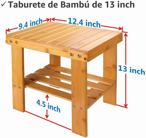 Vista 2 de ASelected Taburete de ducha de madera de 13 pulgadas con estante