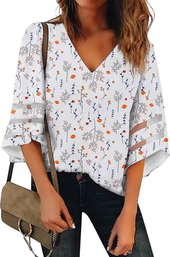 Vista 2 de Blusas de tubo para mujer, estilo hawaiano, manga 34, cuello en V, encaje de retazos, para festivales, tallas grandes, ajuste floral, blusas