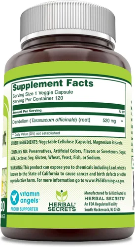 Vista 2 de Herbal Secrets Suplemento de raíz de diente de león 520 mg 120 cápsulas vegetales Sin gluten Fabricado en Estados Unidos