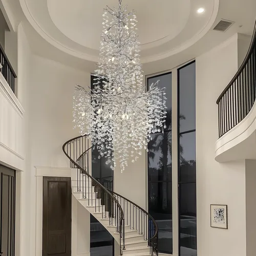 Vista 4 de Candelabros de Cristal Plateado H61'' para Techos Altos, Candelabros de Escalera, Candelabro Moderno de Rama de Árbol de Cristal, D40'' Candelabro