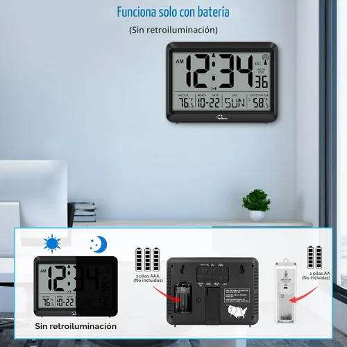 Vista 6 de WallarGe Reloj atómico con temperatura interior y exterior, reloj digital de 8.5 pulgadas, funciona con pilas, ajuste automático, 4 zonas horarias