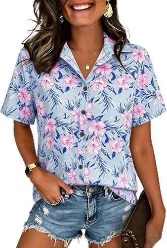 Vista 34 de LILYCHIC Camisas hawaianas de verano con botones de coco para mujer, camisas suaves con botones de manga corta A-hoja floral negra