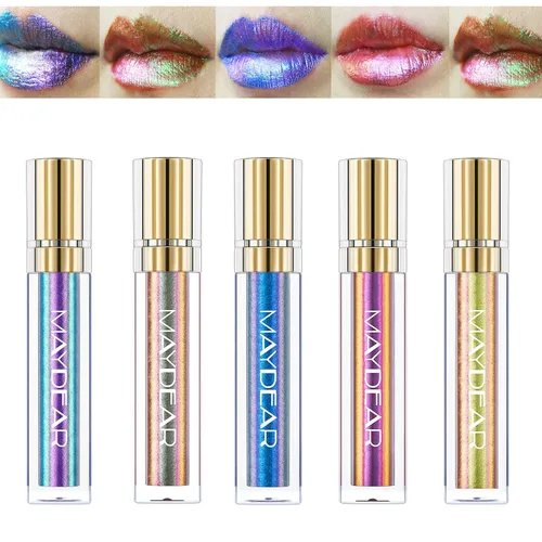 Vista 9 de Maydear Lápiz labial camaleón, color rosa de alta pigmentación para mujer, brillo de labios metálico, cobertura completa, multicromo, maquillaje