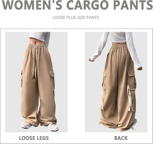 Vista 4 de Pantalones de mujer Y2k Cargo Gothic Baggy Pantalones de cintura alta Harajuku Streetwear Pantalones de paracaídas para hombre