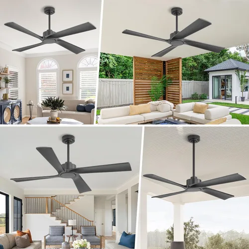 Vista 8 de WINGBO Ventilador de techo CC de 48 pulgadas sin luces, 4 aspas de madera maciza tallada, motor CC reversible de 6 velocidades, ventilador de techo